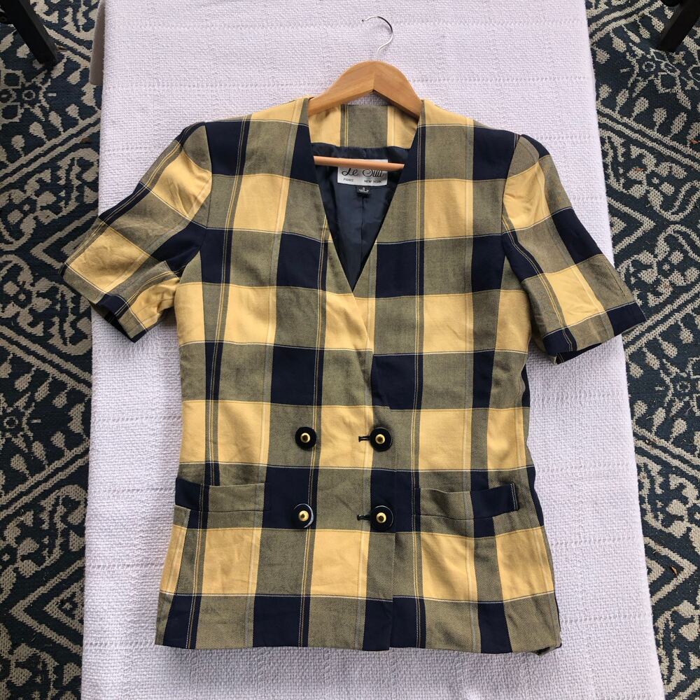Le Suit Yellow and Navy Plaid Short-Sleeve Blazer
